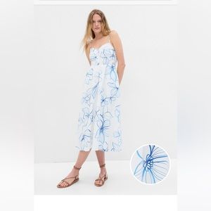 Gap White/Blue Floral Linen-Blend Corset MIDI Dress w Pockets Size XL